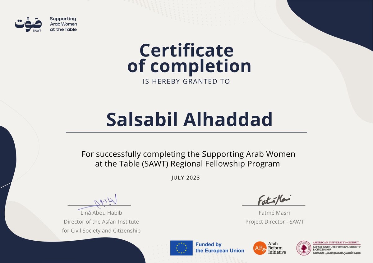 salsabilalhadad's tweet photo. #SAWT Fellowship was completed  last monthes at the Asfari Institute for Civil Society and Citizenship, empowering women, leaders and activists from Libya, Yemen, Syria, Palestine, and Iraq 

@ArabReform_ARI 
@AsfariInstitute https://t.co/JqRHB27rHx