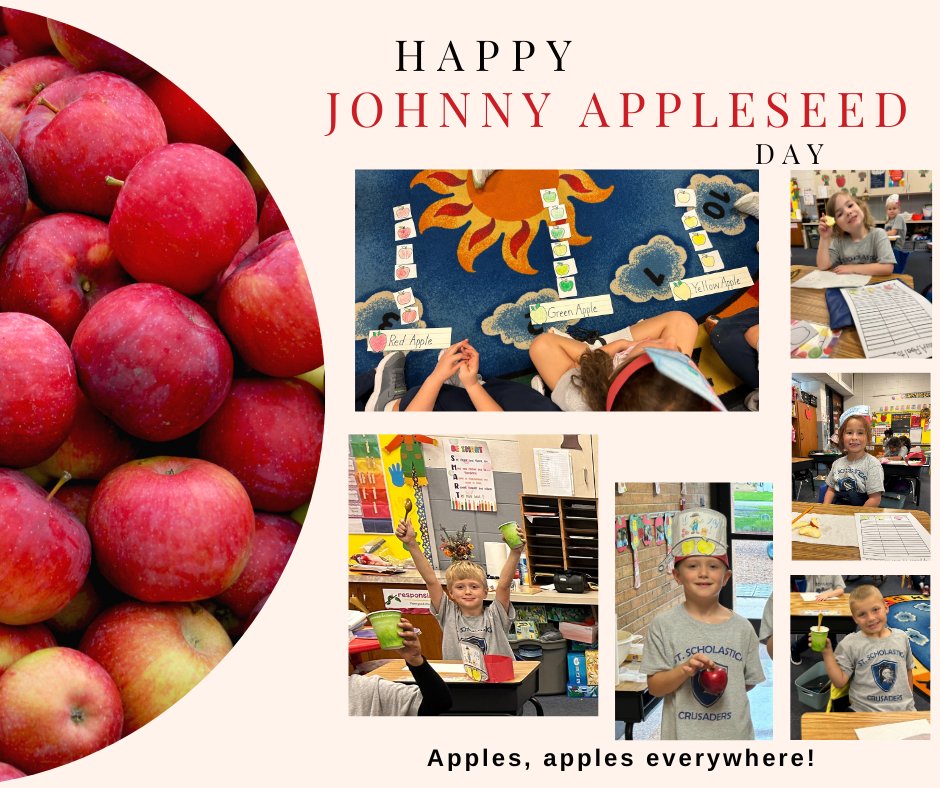 On September 26th, the first grade celebrated Johnny Appleseed Day! John Chapman is known for his treks across the country, planting apple seeds along the way. #WeAreStS #1stGrade #JohnnyAppleseed #apples