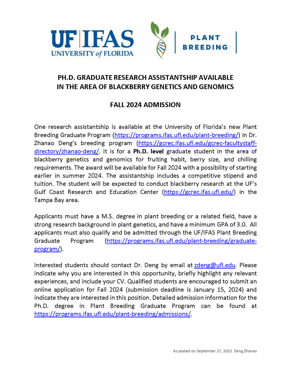 Looking for highly qualified applicants for a PhD position in Dr. Zhanao Deng's breeding program! gcrec.ifas.ufl.edu/gcrec-facultys… programs.ifas.ufl.edu/plant-breeding…