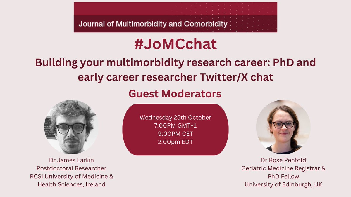 Journal of Multimorbidity and Comorbidity (@jmultimorbidity) on Twitter photo Attention PhD and early career researchers! <a href="/JMultimorbidity/">Journal of Multimorbidity and Comorbidity</a> is hosting a Twitter/X chat on “Building your #multimorbiidty research career”. Mark your calendars for Wednesday, October 25, 7PM GMT+1, 9pm CET, 2PM EDT! #JoMCchat Attention PhD and early career researchers! <a href="/JMultimorbidity/">Journal of Multimorbidity and Comorbidity</a> is hosting a Twitter/X chat on “Building your #multimorbiidty research career”. Mark your calendars for Wednesday, October 25, 7PM GMT+1, 9pm CET, 2PM EDT! #JoMCchat