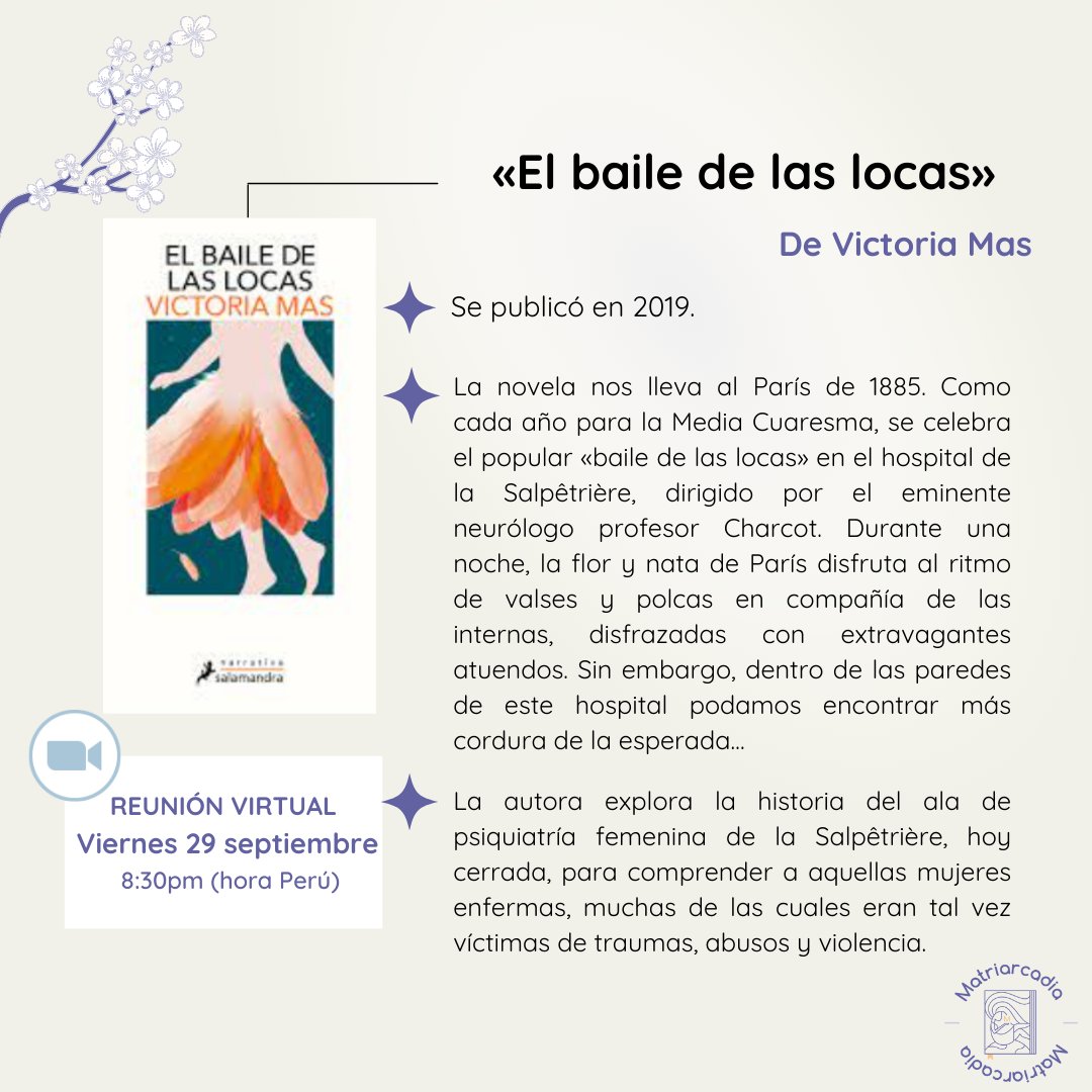 matriarcadia's tweet photo. SEPTIEMBRE ÚNICO
📚«El baile de las locas», de Victoria Mas.
📍Reu virtual (Zoom): Viernes 29 de septiembre. 

#lectoresperu #leoautoras #leomujeres #leermujeres #escritoras #autoras #lecturas  #literaturaperuana #literatura #clubdelectura #fillima  #clubdelecturaperu https://t.co/efEh9HhxMx
