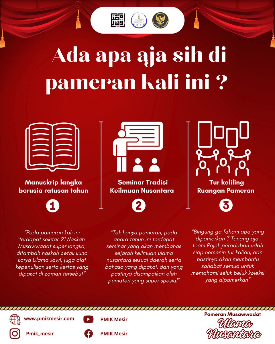 Rumah Arsip Naskah Nusantara (RANU), <a href="/pojok_peradaban/">Pojok Peradaban</a> berkolaborasi dengan Perpustakaan Mahasiswa Indonesia Kairo (PMIK) mengadakan "Pameran Musawadat Ulama Nusantara" di Gedung Wisma Nusantara, yang berlangsung hingga 05 Oktober 2023. Pameran ini terbuka untuk Umum.