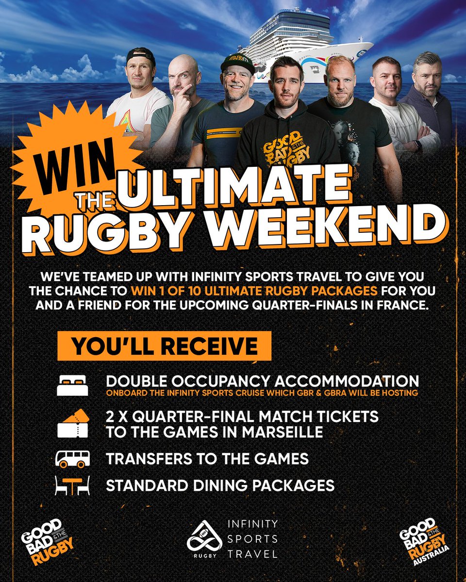 The Good, The Bad & The Rugby (@goodbadrugby) on Twitter photo We’ve teamed up with <a href="/infinitysportst/">Infinity Sports Travel</a> to give you the chance to win 1 of 10 ultimate rugby packages for you and a friend for the upcoming quarter-finals in France. To enter:
1️⃣ Like & retweet this post
2️⃣ Follow <a href="/GoodBadRugby/">The Good, The Bad & The Rugby</a>
T&C's apply.
Does not include Flights, Beverage We’ve teamed up with <a href="/infinitysportst/">Infinity Sports Travel</a> to give you the chance to win 1 of 10 ultimate rugby packages for you and a friend for the upcoming quarter-finals in France. To enter:
1️⃣ Like & retweet this post
2️⃣ Follow <a href="/GoodBadRugby/">The Good, The Bad & The Rugby</a>
T&C's apply.
Does not include Flights, Beverage