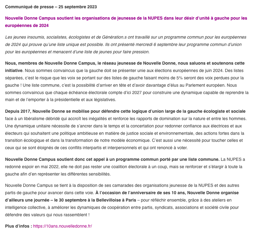 ND_Campus's tweet photo. Nouvelle Donne Campus soutient les organisations de jeunesse de la NUPES dans leurs actions pour un programme commun et une liste unique à gauche pour les prochaines élections européennes 2024 🇪🇺 
L'ensemble des partis, mouvements, syndicats et société civile doit coopérer ! 🤜🤛 https://t.co/XfVC9s04oY