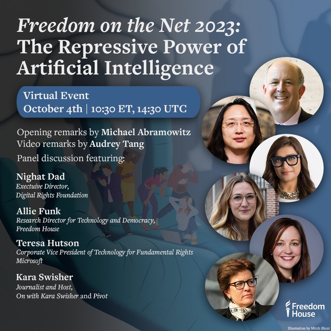 freedomonthenet's tweet photo. 🚨 WE'RE ONE WEEK AWAY FROM #FreedomOnTheNet 2023 🚨

Join FH's own @alfunk and @abramowitz and experts @audreyt, @nighatdad, @karaswisher, @teresajedd for our global launch event. More info: https://t.co/neynIaNKL9 https://t.co/ei4mYQ9lfS