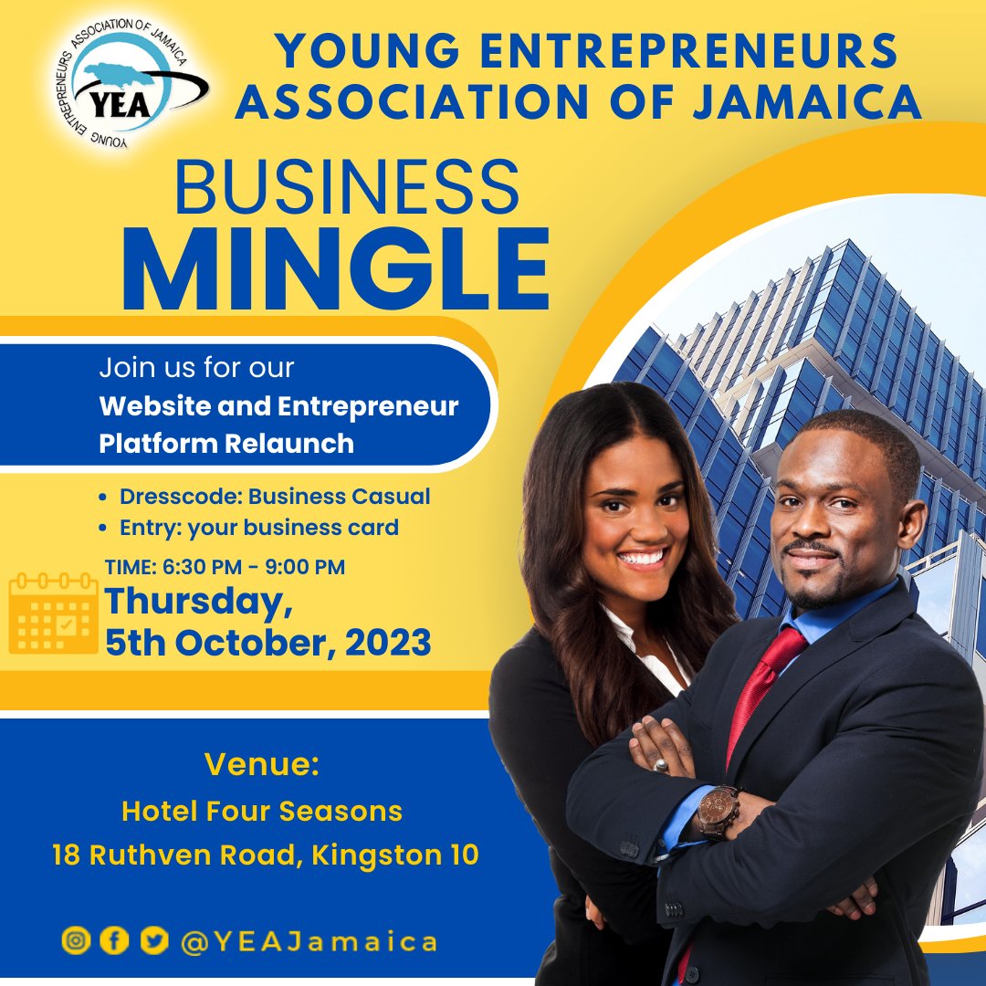 Join us Thursday, October 5th, 2023 @ 6:30PM for an exciting Business Mingle and website relaunch.
See you Thursday!
#YEAJamaica #YESS #Powerofassociation