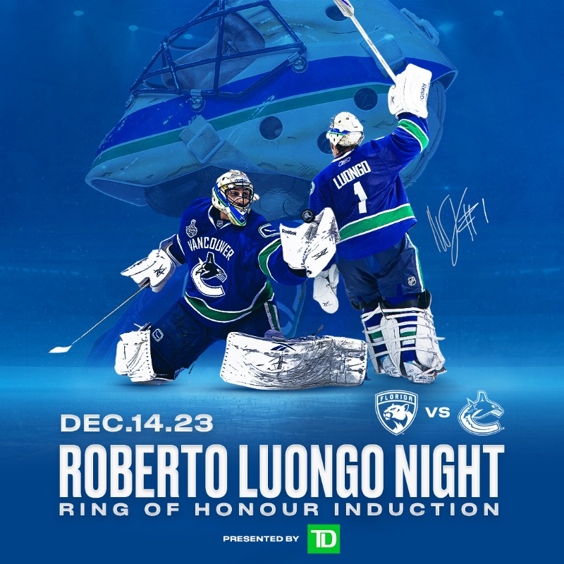 Canucks's tweet photo. Honouring one of the greats.
On December 14th, as your Vancouver Canucks take on the Florida Panthers, Roberto Luongo will be inducted into the club's Ring of Honour!
TICKETS | https://t.co/Qwe6uGIdEm
