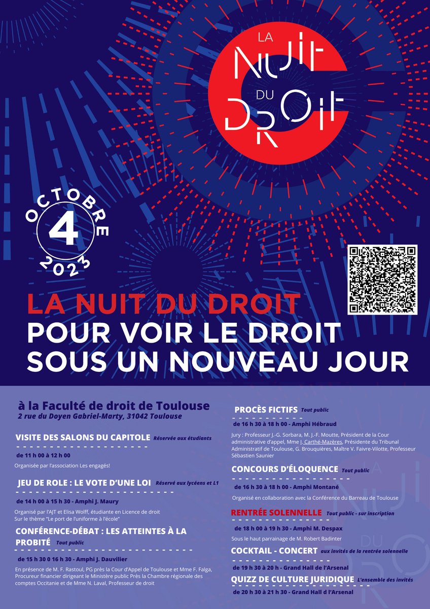 EcoleDroitTlse's tweet photo. 💥✨ J-7 
Mercredi 4 octobre, la @Fac_droit_tlse de l'@UTCapitole organise 2 de ses événements majeurs : @LaNuitDuDroit et sa traditionnelle #RentreeSolennelle.
Plusieurs manifestations au programme : procès fictifs, concours d'éloquence, conférence, vote d'une loi, quizz... https://t.co/dvnfh165ee