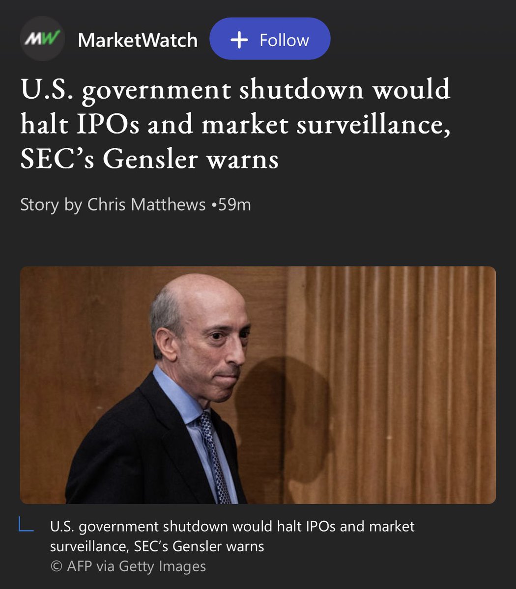 GriffinsMayo's tweet photo. Don’t worry SEC, we’ll regulate ourselves just fine.
Pinky promise. 🤞
——————————————-
U.S. government shutdown would halt IPOs and market surveillance, SEC’s Gensler warns
👼 #SEC Chair #GaryGensler said during a hearing before the #HouseFinancialServicesCommittee Wednesday that a #governmentshutdown would force his agency to furlough roughly 93% of its staff, leaving him with a “skeletal” crew that would not be able to perform basic market oversight.
👼 The SEC would still be able to accept tips and complaints from the public, but won’t have the staff available to follow up on these issues, unless they relate to an emergency situation that presents and imminent and significant threat to the protection of property, Gensler said.
👼 In response to a question on how the SEC would respond to “major disruption in the capital markets, operations and infrastructure during the shutdown,” Gensler said that “senior leadership would be there, but…we’d be down to a skeletal staff.”
https://t.co/A3scAacTNi