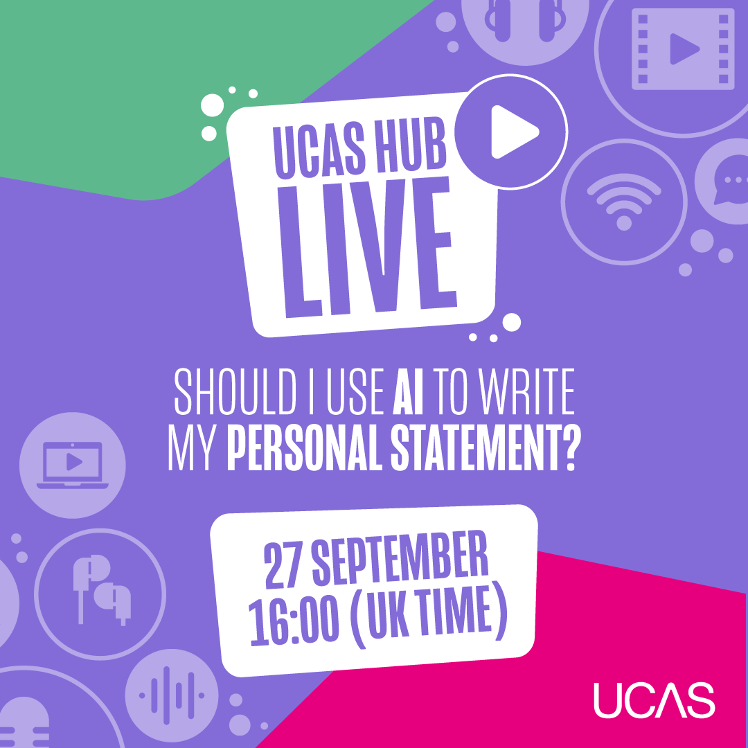 ucas_online's tweet photo. Can you use AI to help write your personal statement ?!๐จ
Join us from 16:00 to hear our panel of students and university experts answer your personal statement questions live, on the UCAS Hub.
Watch for free: https://t.co/mhnzPCb70C
#PersonalStatementWeek https://t.co/mvRvzK6f1n
