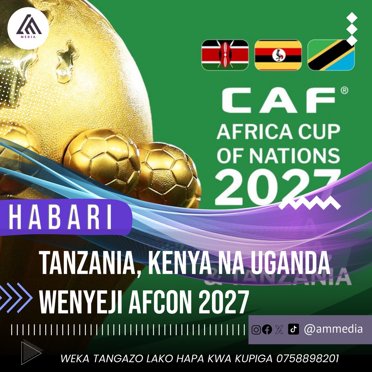 AMMediax's tweet photo. Michuano ya mataifa ya Afrika AFCON ya mwaka 2027 ni rasmi itaandaliwa nchini Tanzania, Kenya na Uganda baada ya kupigiwa kura na wajumbe wa mkutano mkuu wa CAF nchini Misri leo.

#AMMedia https://t.co/JwBl4dsbS4