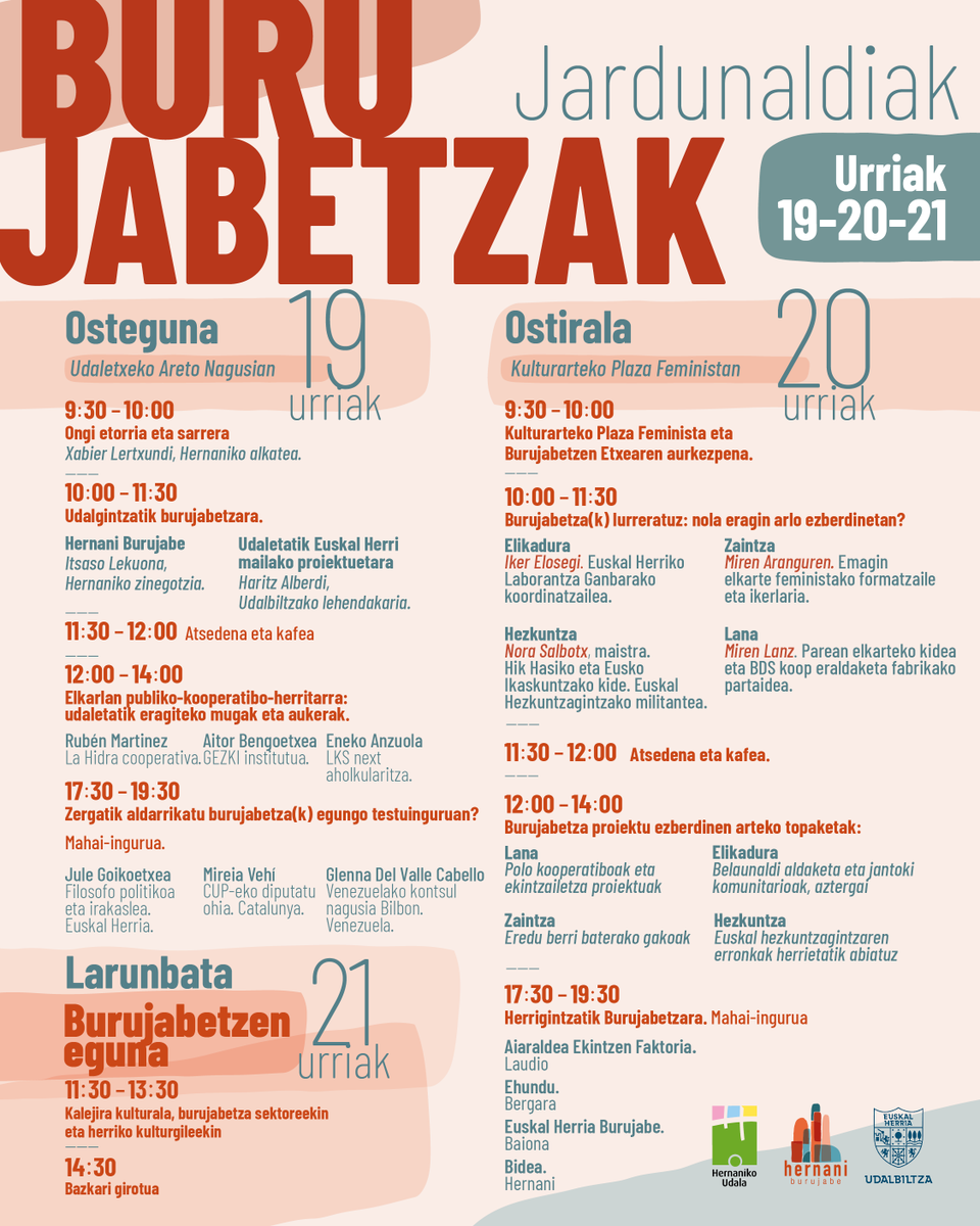 #BURUJABETZAK

Udalgintza eta herrigintza esperientzia eraldatzaileak partekatzeko jardunaldiak antolatu ditugu Hernani Burujabek, <a href="/hernanikoudala/">Hernaniko Udala</a>|k eta <a href="/Udalbiltza/">Udalbiltza</a>|k.

Udalerrietako proiektuak Euskal Herri mailan gauzatzeko aukerak aztertuko ditugu.

📌 burujabetzak.jardunaldiak.eus