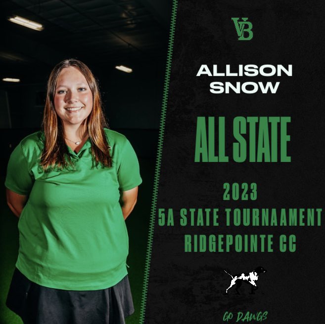 vbpointergolf's tweet photo. Congrats to Allison Snow on closing out the year by earning All State Honors at the 5A Girls State Golf Tournament at RidgePointe County Club in Jonesboro! Go Dawgs⛳️ https://t.co/u0o70RhX64