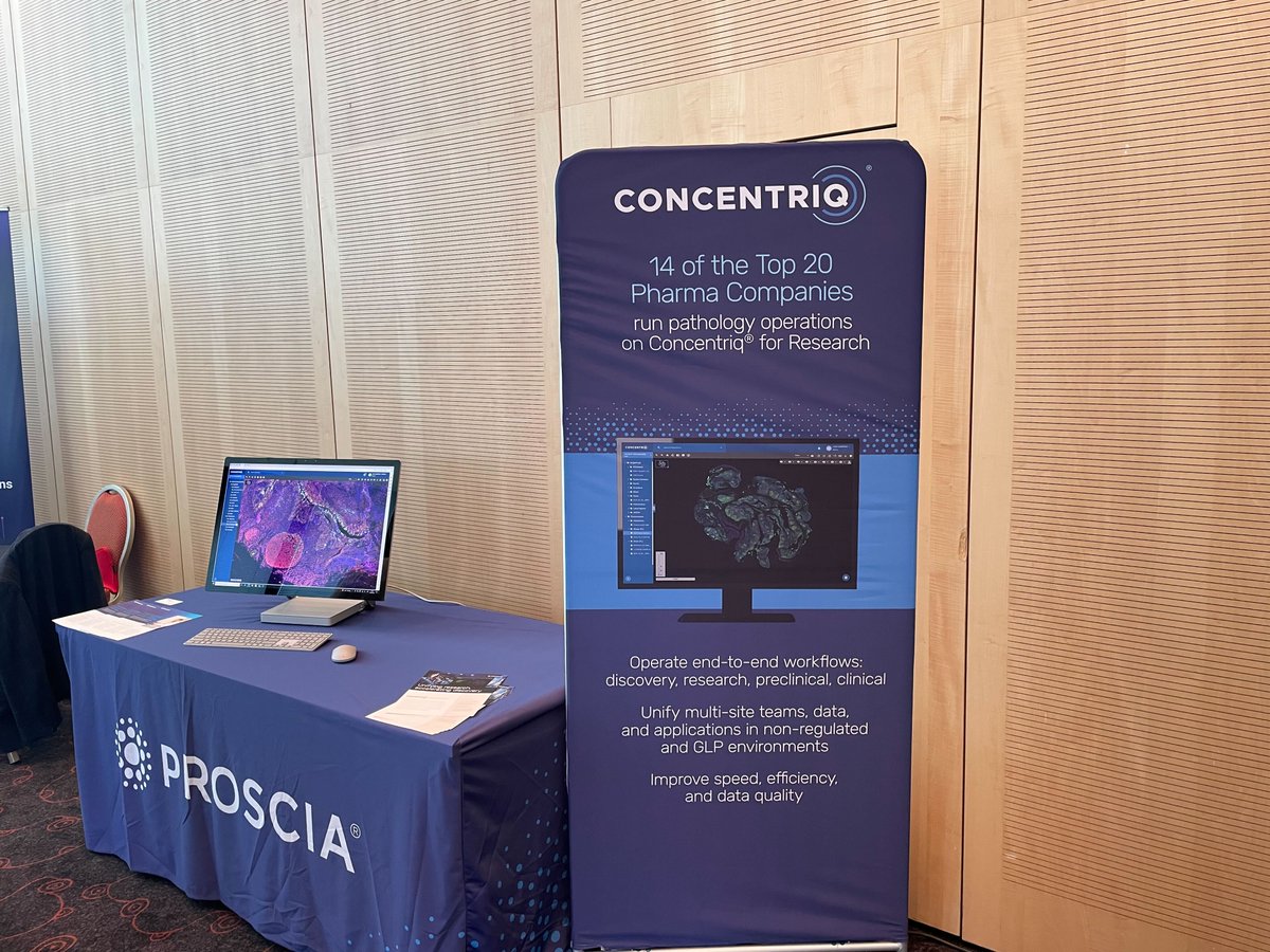 Proscia's tweet photo. Good afternoon from #ESTP2023! Visit us at booth 17 to see why 14 of the top 20 pharmaceutical companies and major CROs rely on our Concentriq for Research enterprise pathology platform and how it is accelerating GLP and non-regulated drug safety studies. https://t.co/NIkYHB69eY