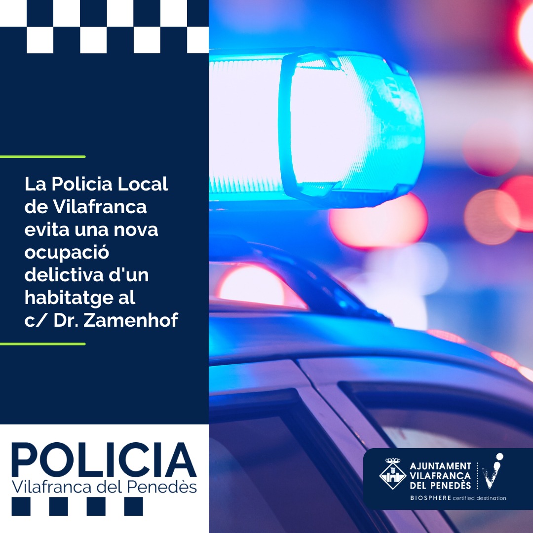 👮La Policia Local de #Vilafranca va evitar dimarts una nova ocupació delictiva d'un habitatge al c/ Dr. Zamenhof
✅Els agents van realitzar tasques de mediació i els ocupants van accedir a marxar.
✅El pis, que ja havia estat ocupat anteriorment, a disposició de la propietat.