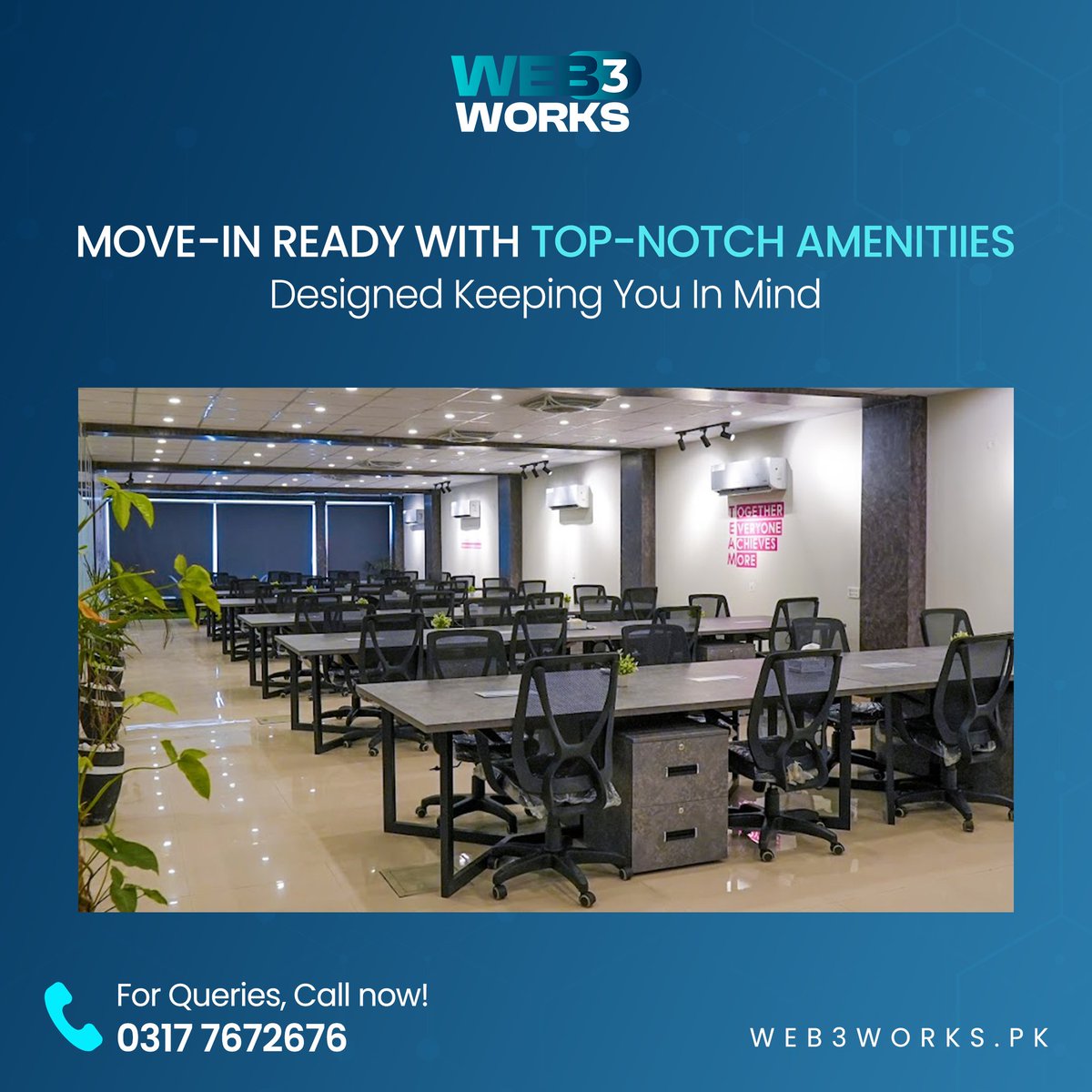 Discover the ultimate workspace fusion at Web3Works, where "Move-In Ready" meets "Top-Notch Amenities"! 🚀✨
 Fuel your blockchain ambitions with us. Step into the future of workspaces today. 💼🌐

#Web3Works #Blockchaininnovation #coworking #CoworkingSpace #Web3 #blockchain