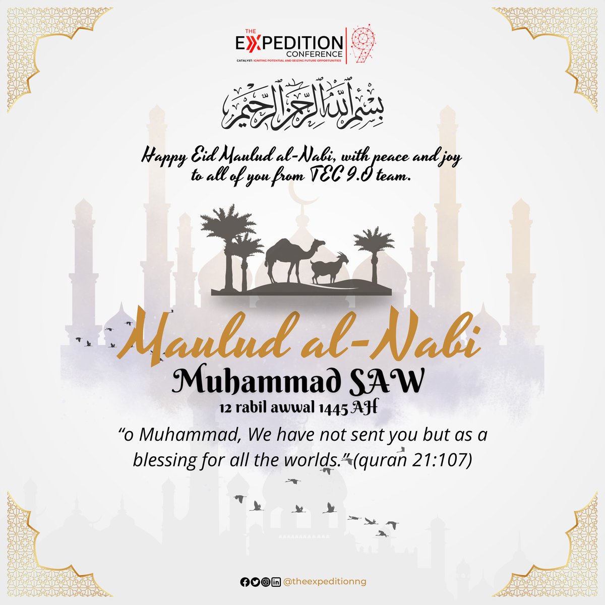 TheExpeditionNG's tweet image. Wishing you all from this end a very happy Eid Maulud Al Nabi🐪🤩
We hope you're using this day to relax and spend time with your family✨
#TheExpeditionConference9 #TEC9 #Eidmaulud #EidMiladUnNabi #eidmaulud2023