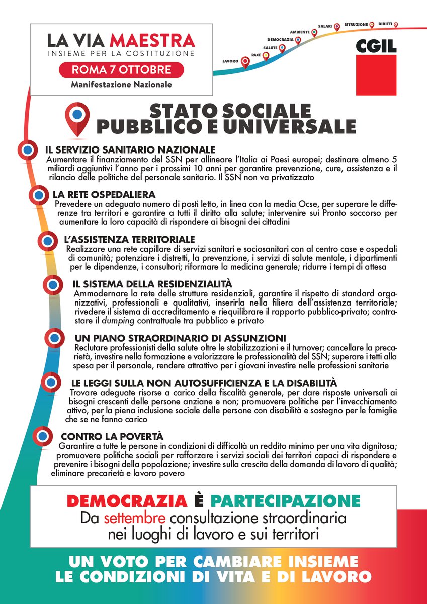 🟥 STATO SOCIALE - LA VIA MAESTRA          

📌 #7ottobre manifestazione nazionale a Roma con oltre 100 associazioni ‘Insieme per la Costituzione’   
➡️ Tutte le ragioni della mobilitazione: tinyurl.com/ymd2nswv 

#LaViaMaestra