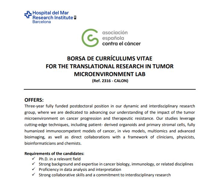HMar Research Institute (@hmar_research) on Twitter photo 📢We are hiring!
Postdoctoral position for the Translational Research in Tumor Microenvironment Lab - <a href="/CalonLab/">CalonLab</a>
+ Information 👉bit.ly/3PT4Uz3
#TalentMAR <a href="/hospitaldelmar/">Hospital del Mar</a> <a href="/ContraCancerEs/">Asociación Española Contra el Cáncer</a> <a href="/UPFbiomed/">UPF Medicine and Life Sciences</a> <a href="/the_prbb/">Biomedicina BCN</a> <a href="/ccr_mar/">Cirugía Colorrectal H Mar</a> 📢We are hiring!
Postdoctoral position for the Translational Research in Tumor Microenvironment Lab - <a href="/CalonLab/">CalonLab</a>
+ Information 👉bit.ly/3PT4Uz3
#TalentMAR <a href="/hospitaldelmar/">Hospital del Mar</a> <a href="/ContraCancerEs/">Asociación Española Contra el Cáncer</a> <a href="/UPFbiomed/">UPF Medicine and Life Sciences</a> <a href="/the_prbb/">Biomedicina BCN</a> <a href="/ccr_mar/">Cirugía Colorrectal H Mar</a>