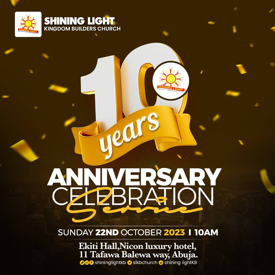 Slkbchurch's tweet photo. ๐ Save the Date!
We are thrilled to announce the official date for the Shining Light Kingdom Builders Church 10th Anniversary Celebration! Join us from the 20th -22nd Oct,2023 as we commemorate a decade of Love faith, growth, service & blessings.
#slkb@10 #SLKB10YearsStrong https://t.co/nR9o3EtLnX