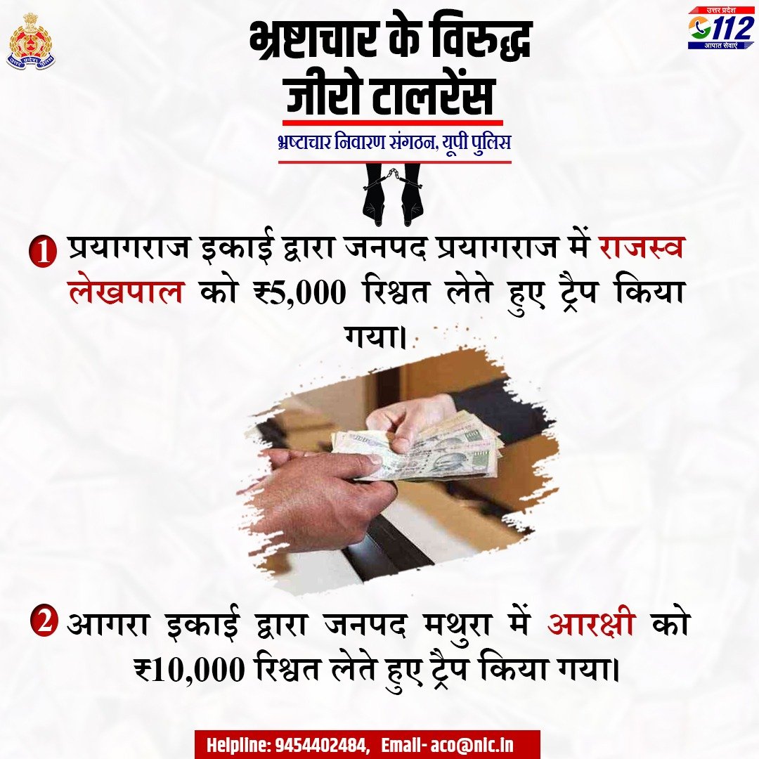 Uppolice's tweet photo. भ्रष्टाचार के विरुद्ध जीरो टालरेंस - जनपद प्रयागराज में लेखपाल को ₹5,000 व जनपद मथुरा में आरक्षी को ₹10,000 रिश्वत लेते हुए ट्रैप किया गया। 

कृपया भ्रष्टाचार के प्रकरणों को एसीओ की हेल्पलाइन पर रिपोर्ट करें

Helpline: +919454402484    
Email- aco@nic.in https://t.co/U008Fei32S