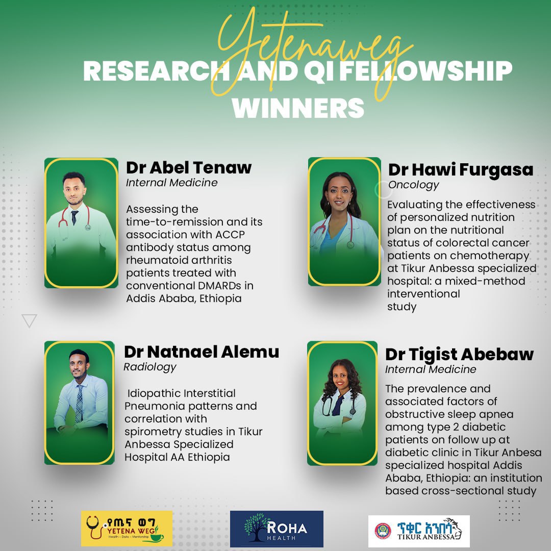 🥁🥳Hooray 🥁🥳
🌟We're thrilled to announce the winners of the inaugural YW-Roha Research and QI Fellowship!

Thank you @RohaMedCampus @RohaHealth for making this possible 👏

🔬After reviewing 23 stellar submissions from Addis Ababa University's Departments of Internal
