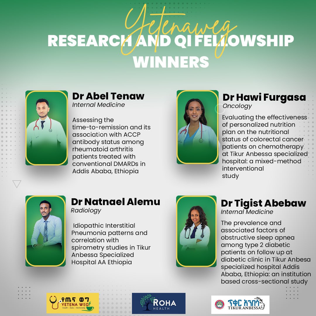 🥁🥳Hooray 🥁🥳
🌟We're thrilled to announce the winners of the inaugural YW-Roha Research and QI Fellowship!

Thank you <a href="/RohaMedCampus/">Roha Medical Campus</a> <a href="/RohaHealth/">rohamedicalcampus</a> for making this possible 👏

🔬After reviewing 23 stellar submissions from Addis Ababa University's Departments of Internal