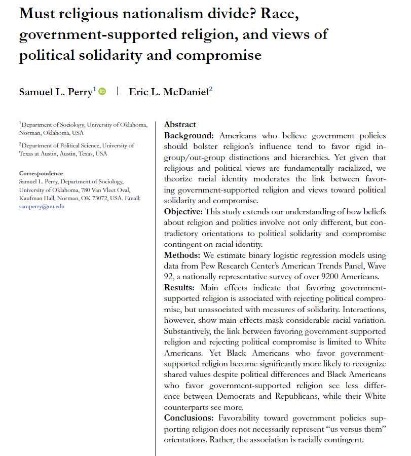 New from @EricLMcDaniel & yours truly in @SSQ_Online. Using @pewresearch data, we find the link between wanting govt to support religion & rejecting political compromise is largely limited to Whites, while Black adults who favor govt-supported religion see less partisan division.