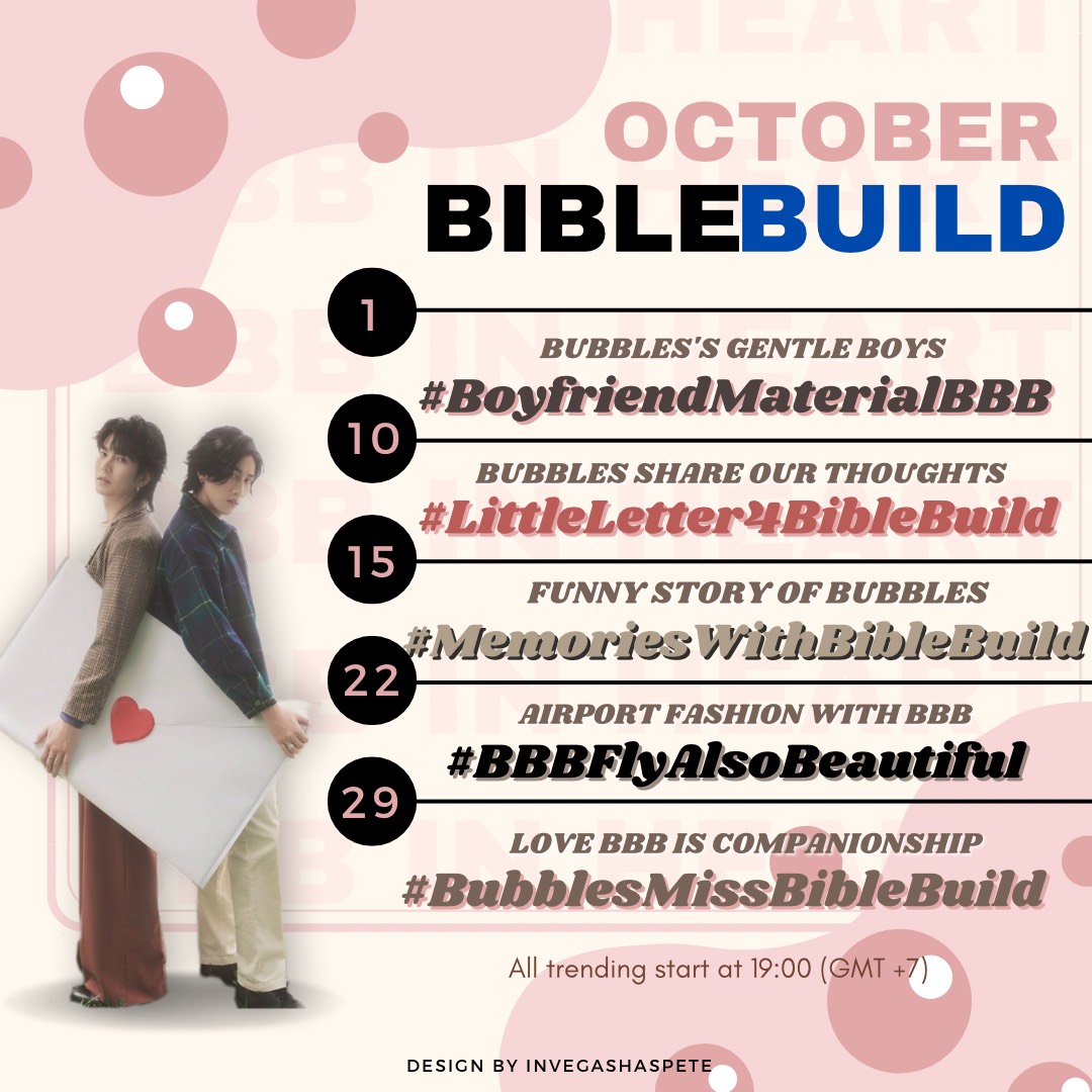 [BIBLEBUILD TRENDING]

What do we have in October? It's the cold autumn month, the time when the leaves turn yellow and the month our two boys meet. Hopefully this month's BibleBuild Schedule Trend will be supported by everyone🫶

#BibleBuild #Bubbles #BibleWichapas #BuildJakapan