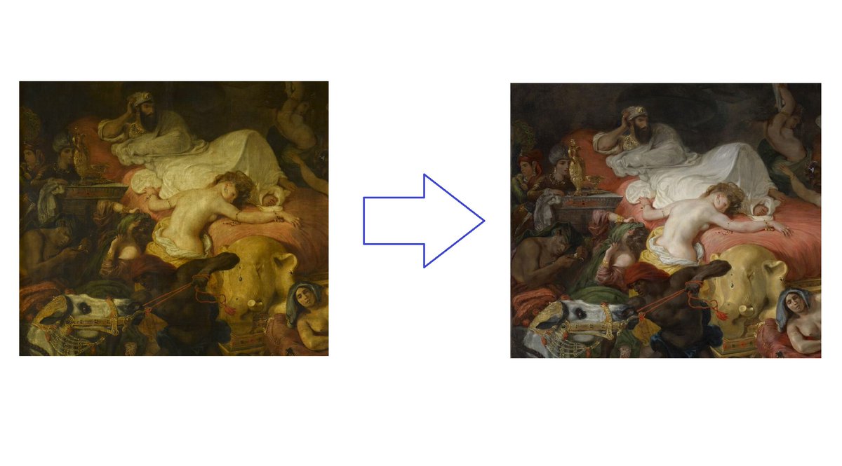 elbarroquista's tweet photo. El Louvre ha limpiado la Muerte de Sardanápalo de Delacroix y estamos flipando con los colores que había debajo del barniz sucio.

¿Verdad?

Pues, por un momento, IMAGINAD que limpiasen... https://t.co/gfOjXfYKx8