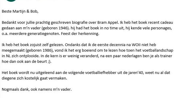 Wederom een fijn compliment mogen ontvangen van een lezer van 'Het Kanon'. Het is altijd prettig als lezers teruglezen wat  <a href="/BobThomassen/">Bob Thomassen</a> en ik hebben beoogd met de biografie van Bram Appel. 😊

Nieuwgierig geworden? 'Het Kanon' is nog te koop via ➡️ bramappel.nl