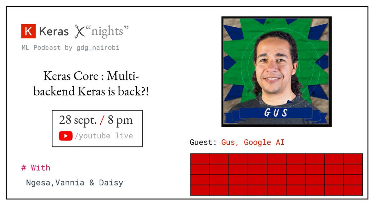 GDG_Nairobi's tweet photo. 🧠🤖 Attention #ML enthusiasts!
Curious about building Keras layers with pure torch ops or using Keras with Jax?
🤩 We're thrilled to have @gusthema @GoogleAI join us @KerasKnights to share insights on #KerasCore
Register Now → https://t.co/xaBDxxrctn
#KerasKnights #KerasDay https://t.co/2cN9PxrWl7