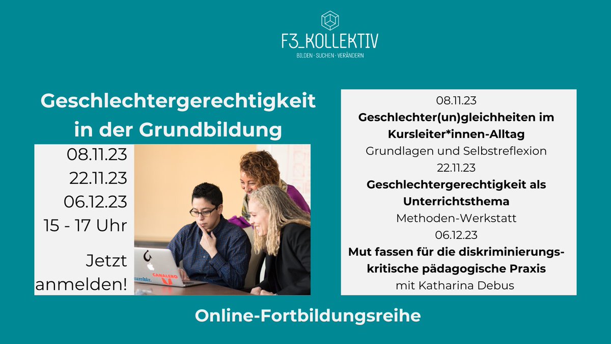 Online-Fortbildungs-Reihe:
#Geschlechtergerechtigkeit in der #Grundbildung
Für Kursleiter*innen in der Grundbildung und Multiplikator*innen, die Einfacher Sprache interessiert.
In Kooperation mit: Lernende Region Netzwerk Köln
Infos und Anmeldung ↙️
f3kollektiv.net/termine/geschl…