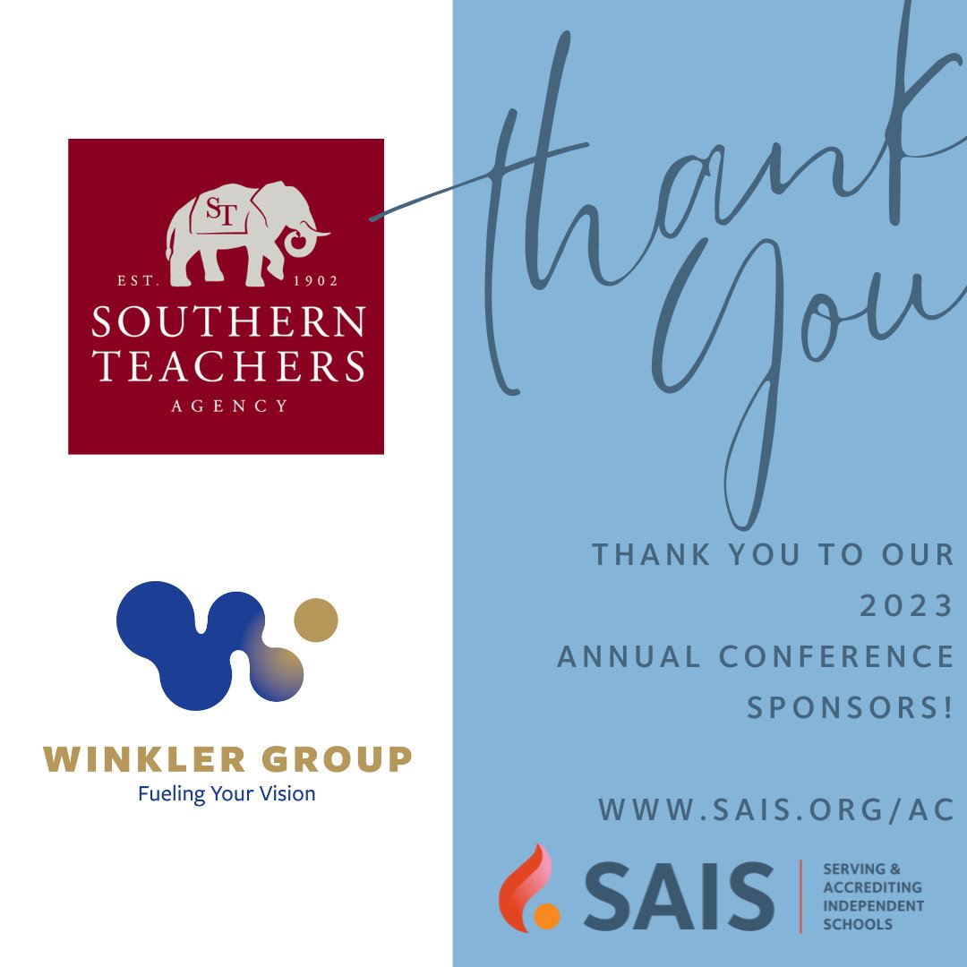 We can't do this alone. Our sponsors are vital to the success of our events. Southern Teachers Agency and Winkler Group, thank you for your support! sais.org/AC
@SouthrnTeachrs <a href="/WinklerGroup/">Winkler Group</a>