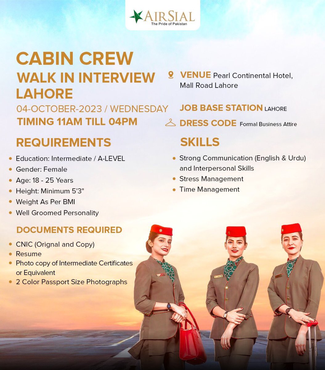 airsial's tweet photo. WALK-IN INTERVIEWS
Position: Cabin Crew
Location: Lahore
Date: 4th October, 2023
Time: 11AM till 4PM
#cabincrew #flightservices #fresh #walkininterviews #octoberjobs #airsialjobs #flysafe #flyairsial https://t.co/i2G5o9q72Y