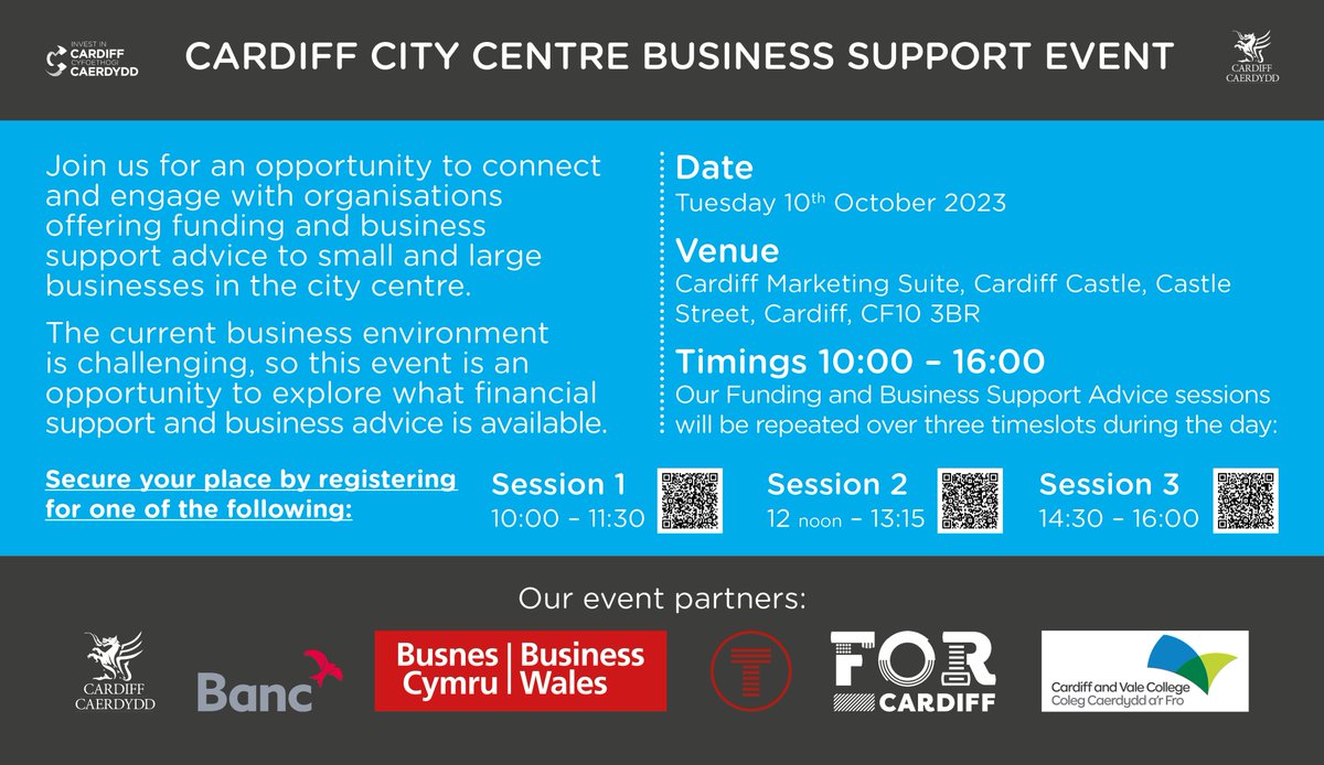 We're delighted to introduce our event partners for our forthcoming Cardiff City Centre Business Support event on 10/10/23. Each partner will be bringing a range of support and information to the event and today we introduce @_businesswales. Sign up today! ⬇