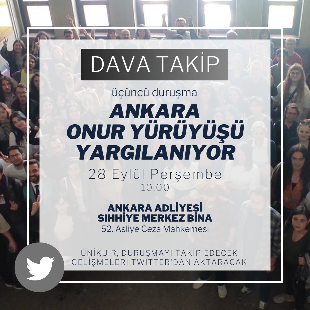 ⚖️ DAVA TAKİP - Ankara Onur Yürüyüşü yargılanıyor - 3. Duruşma

🔴 ÜniKuir, yarın duruşmayı takip edecek gelişmeleri ve Twitter'dan aktaracak!

🗓️ 28 Eylül Perşembe, 10:00

📍 Ankara Adliyesi Sıhhiye Merkez Bina