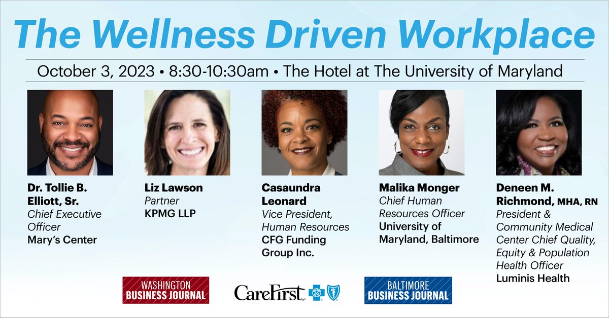 BaltBizEvents's tweet photo. Join us for networking and a deep-dive conversation on what it means to advocate for the whole health of your employees.

Tickets to this event are Free, courtesy of @CareFirst https://t.co/w6nJrSXNV8 

@MarysCenter, @KPMG, @theCFGBank, #cfgfunding, @LuminisHealth https://t.co/sVPtyRumlz