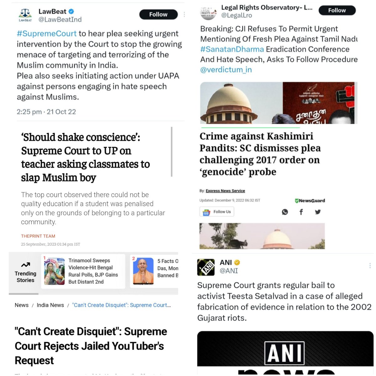 Mrsinha's tweet photo. -Hate speech against MusIims: Urgent hearing
-Hate speech against Hindus: Get lost

-A MusIim kid slapped : How inhuman
-Thousands of Hindus are kiIIed : Get lost

-Naxali Arundhati Roy : Shouldn't be in jail
-Manish Kashyap : Rot in jail

#SupremeCourt in a nutshell. https://t.co/QstahNaA6a