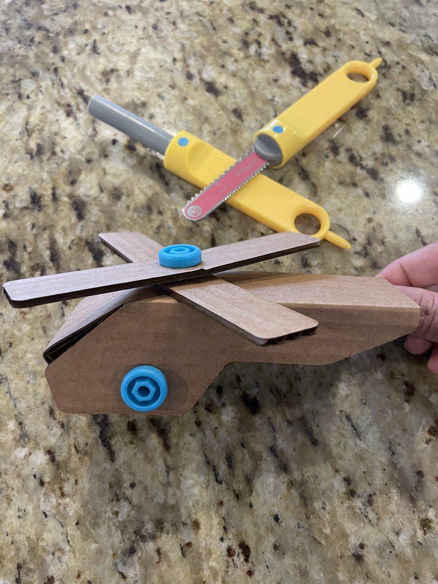 Cardboard helicopter design by @lofi_robots printed on the <a href="/glowforge/">Glowforge</a> and put together with @makedo tools! Pre-print for primary grades to put together. Intermediate grades can design or redesign! 🚁 ⚡️ 🪛
