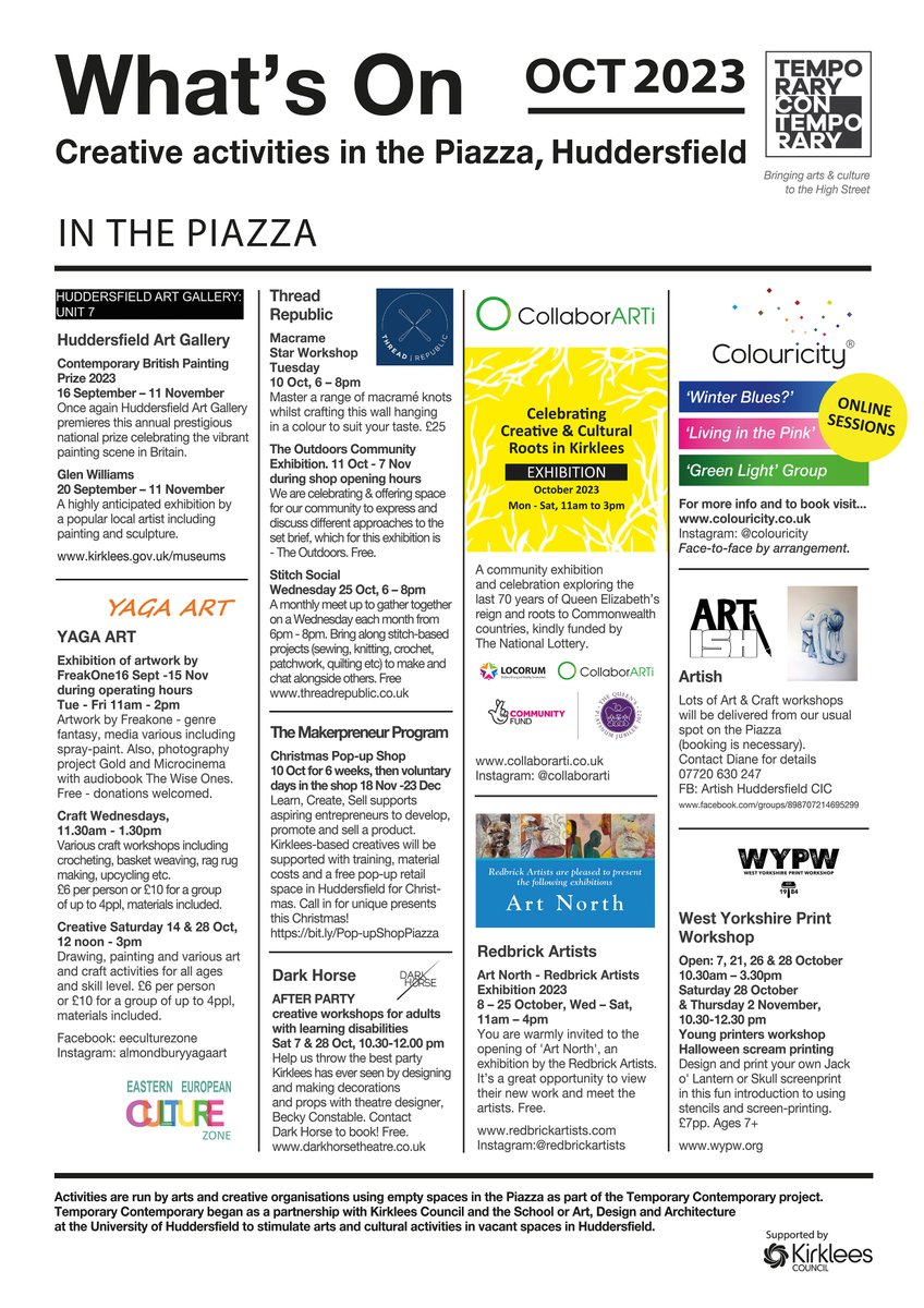 We've got the October What's On poster out in plenty of time for you to get planning! See what's going on in the units in the Piazza Shopping Centre in #Huddersfield.