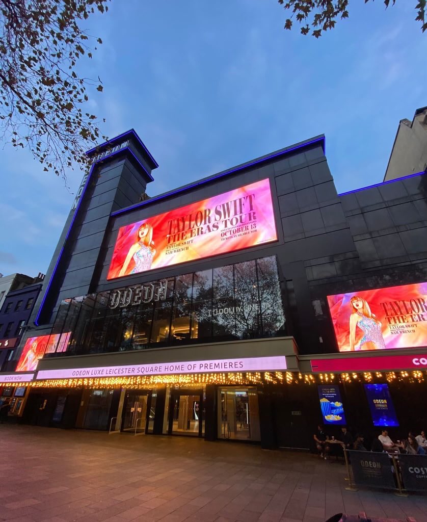 Look at the giant images on London's Odeon Luxe Leicester Square cinema.  This home to about a thousand movie premieres since opening in 1937 is arguably Europe's most prestigious movie theatre. Taylor Swift The Eras Tour will play at all our European theatres. Starts October 13.