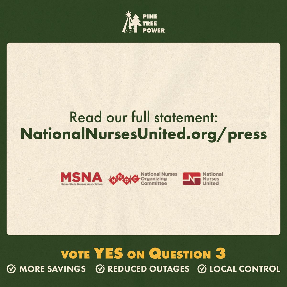 The Maine State Nurses Association just endorsed Pine Tree Power! Nurses know that reliable and affordable power is necessary for the health and well-being of Maine people. 

Vote #YesOn3 on November 7. 🌲💡