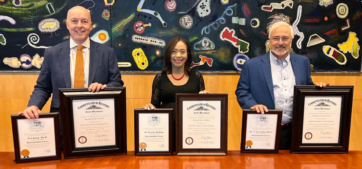 CIEHS_UofL's tweet photo. Congratulations to Drs. Ted Smith @Tedsmithphd, Banrida Wahlang @BanRidaW and J. Christopher States @jcstates on receiving the KY Colonel award and the Louisville Mayoral Proclamation of Distinguished Citizen award for their research on #PFAS or #ForeverChemicals. 
#NIEHS_EHSCC https://t.co/HzTpyzBs8Z