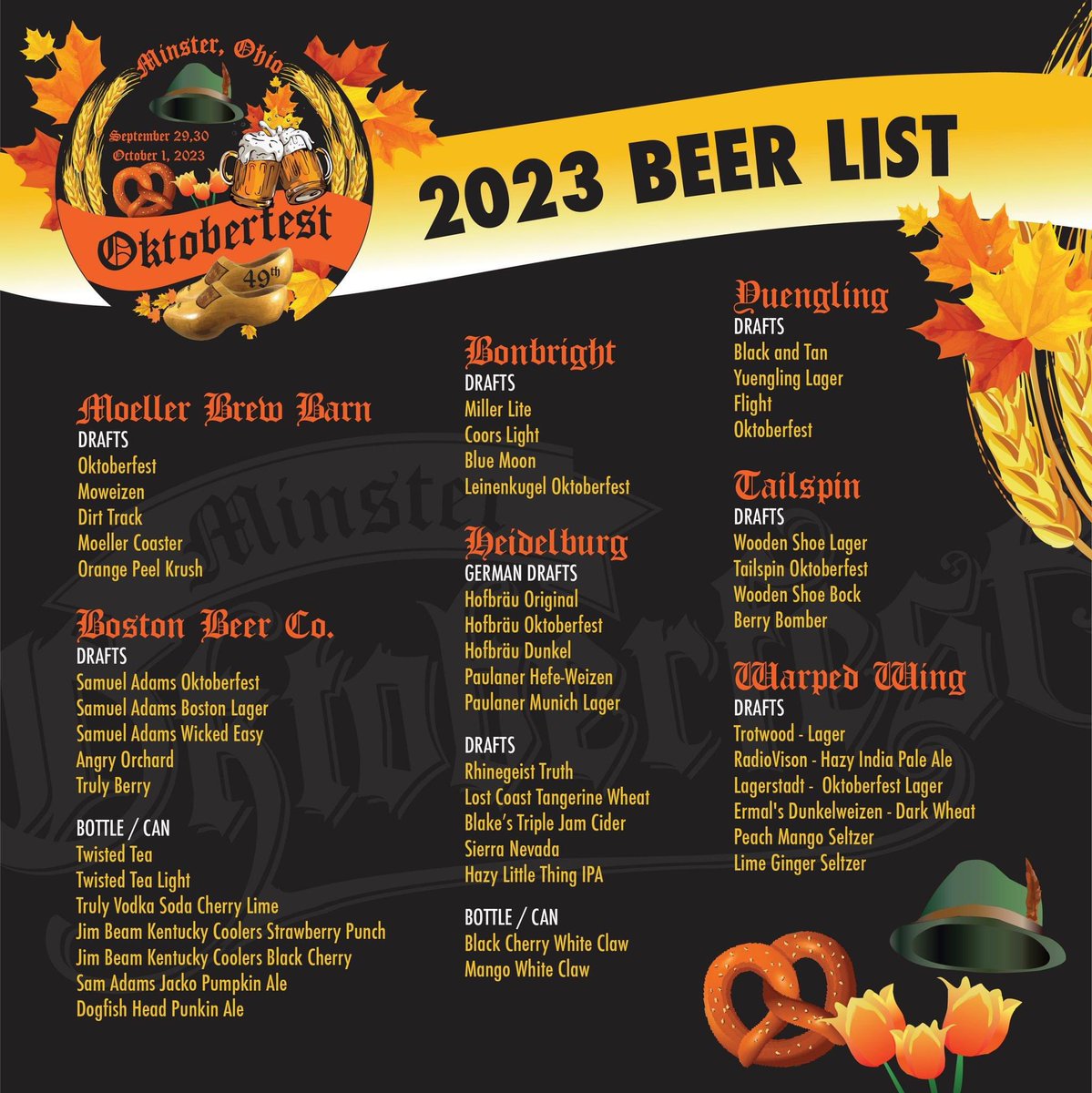 MinOktoberfest's tweet photo. The Minster Oktoberfest Beer Committee just keeps outdoing themselves. Meticulously selecting a comprehensive beer list to satisfy just about any fest go-er. 

With a lot of NEW exciting options, but plenty of ole reliables to choose from!

#EiEiEiO https://t.co/TF2kUv8zxd