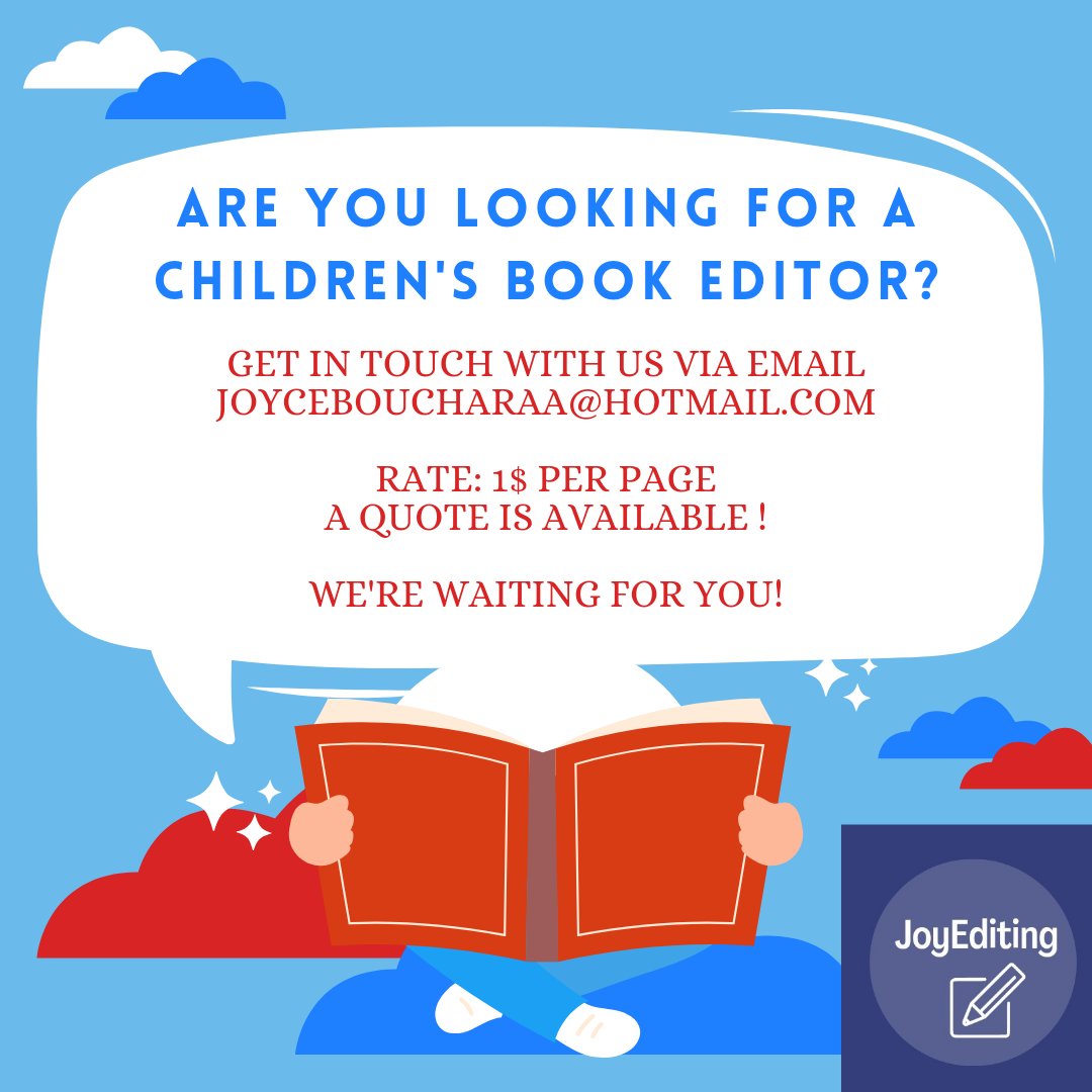 EditingJoy's tweet photo. 📢 Children's books authors!

We'd be more than happy to assist you in editing and proofreading ☺️

Rate: 1$ per page 📝
A Quote is available!
Contact us for more details 📩

#WritingCommunity #editor #AuthorsOfTwitter #amwriting https://t.co/7BFvo5AEQd