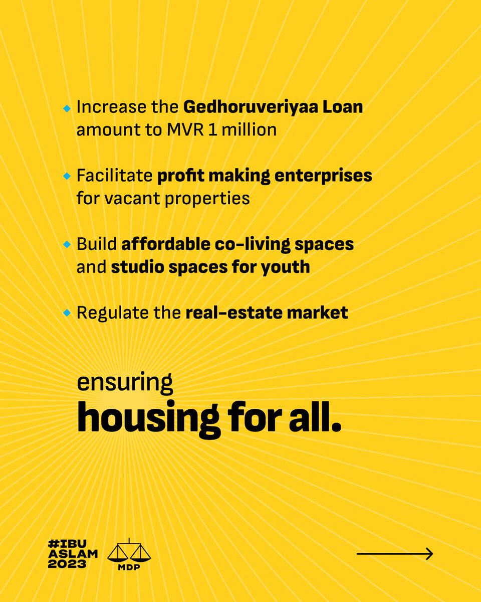 MDPYouth's tweet photo. 🏡 Housing updates: 

✅ Housing now available for people who lived 20+ years in Malé &amp; Dhafthar.

✅ Council housing for the vulnerable.

✅ Special housing finance bank.

✅Affordable youth co-living/studios.

And more++++

3️⃣✅
#IbuAslam2023 
#UfaaveriAmaanRaajje 
#VoteMDP https://t.co/aVuT52L2Gb