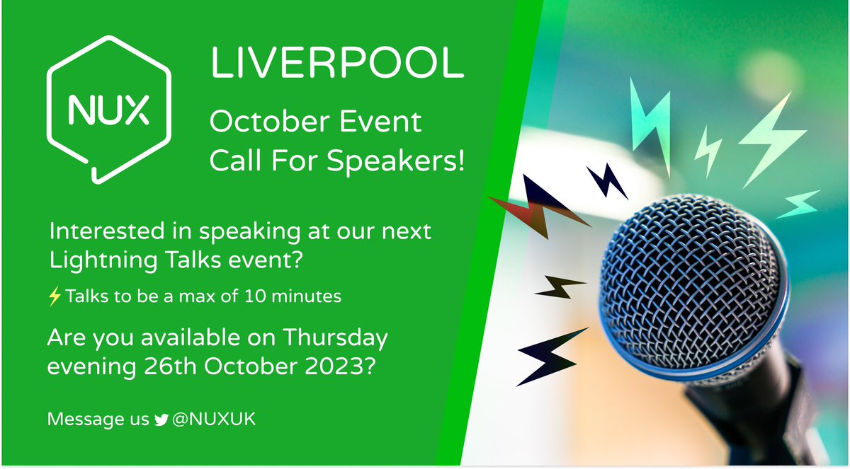 Call for Speakers 📢 Our Liverpool meet-up is looking for speakers for their upcoming October 'Lightning Talks' event! DM us if you're interested. We'd love to hear from you!⚡️🎙️ #nuxuk #nuxliverpool #liverpoolmeetups #ux #uxmeetups #uxevents
