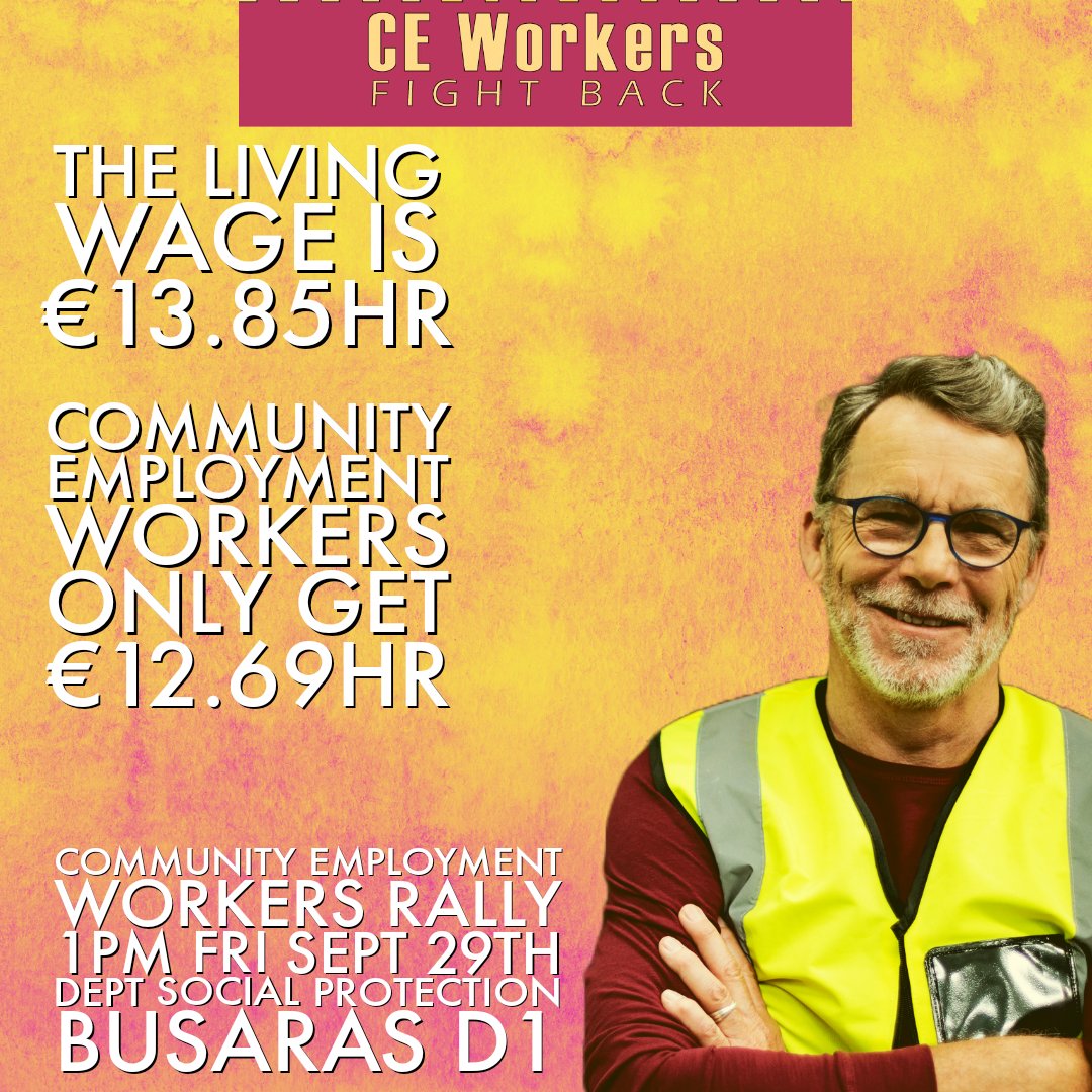 CEfightback's tweet photo. The living wage is €13.85 an hour. 

Community Employment workers get €12.69 an hour.

We need a rise of €22.62 a week just to bring us up to the living wage hourly rate.

Protest 1pm Fri Dept Social Protection Busaras D1. https://t.co/Ak6iORcVWV