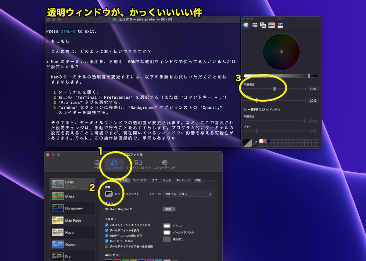 jrpj2010's tweet image. #Mac の #ターミナル を透明ウィンドウする仕方
これ猛烈にかっこええのでおすすめ
#OpenInterPreter